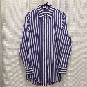 Anthropologie Purple and White Stripe Button-Down Shirt - Size Large